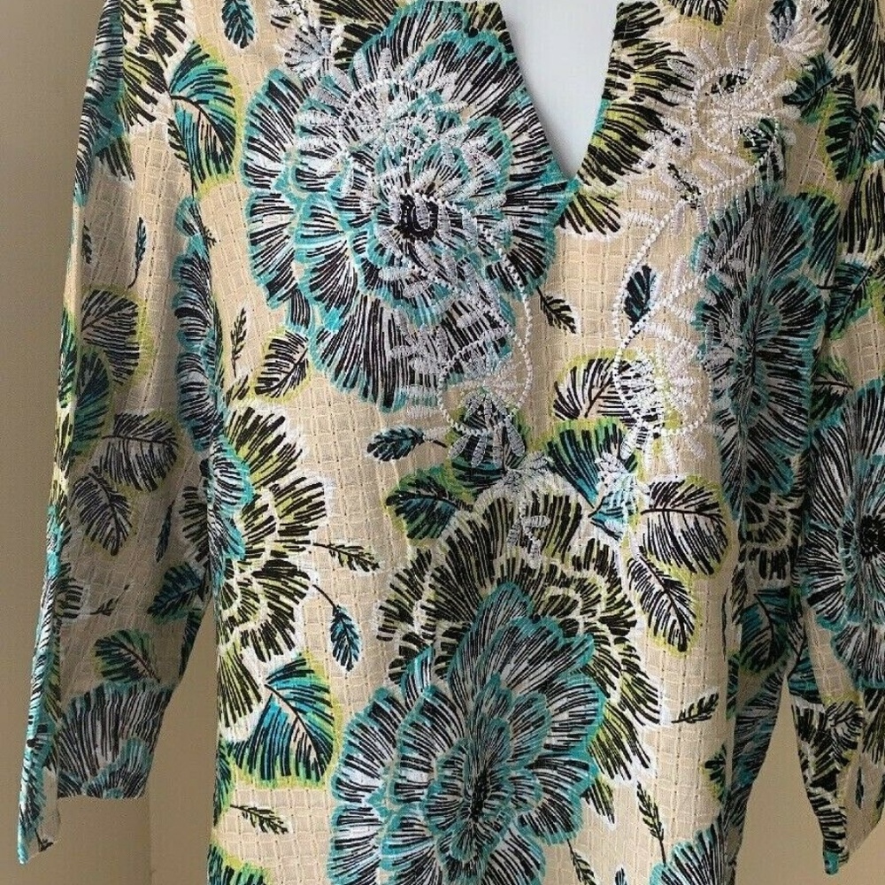 Emma James Women Blouse Beige Teal Preowned Large